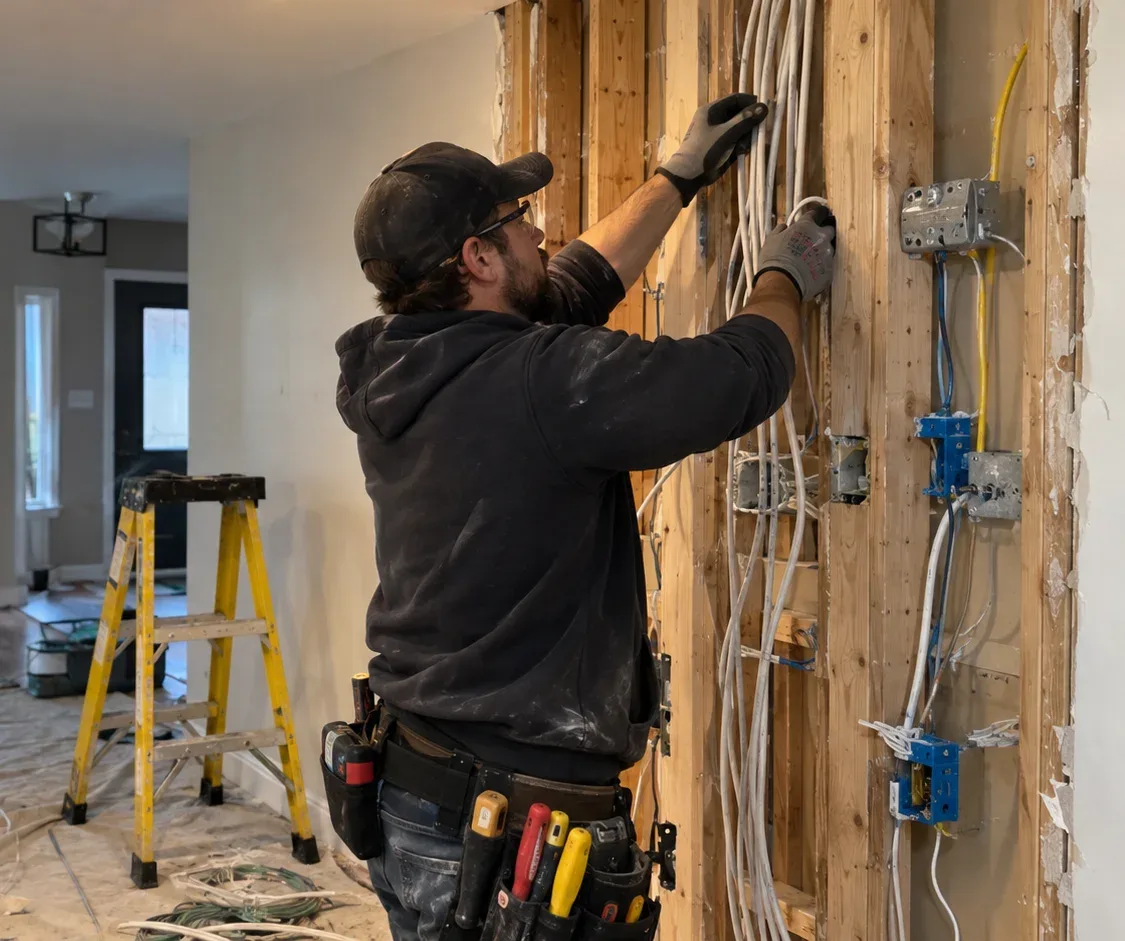 Electrician pulling new cable through a small wall opening in an older home