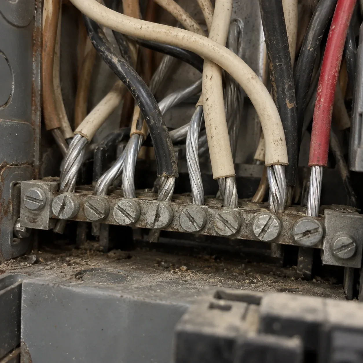 Close-up of aluminum wiring with silver conductor and AL marking near the jacket