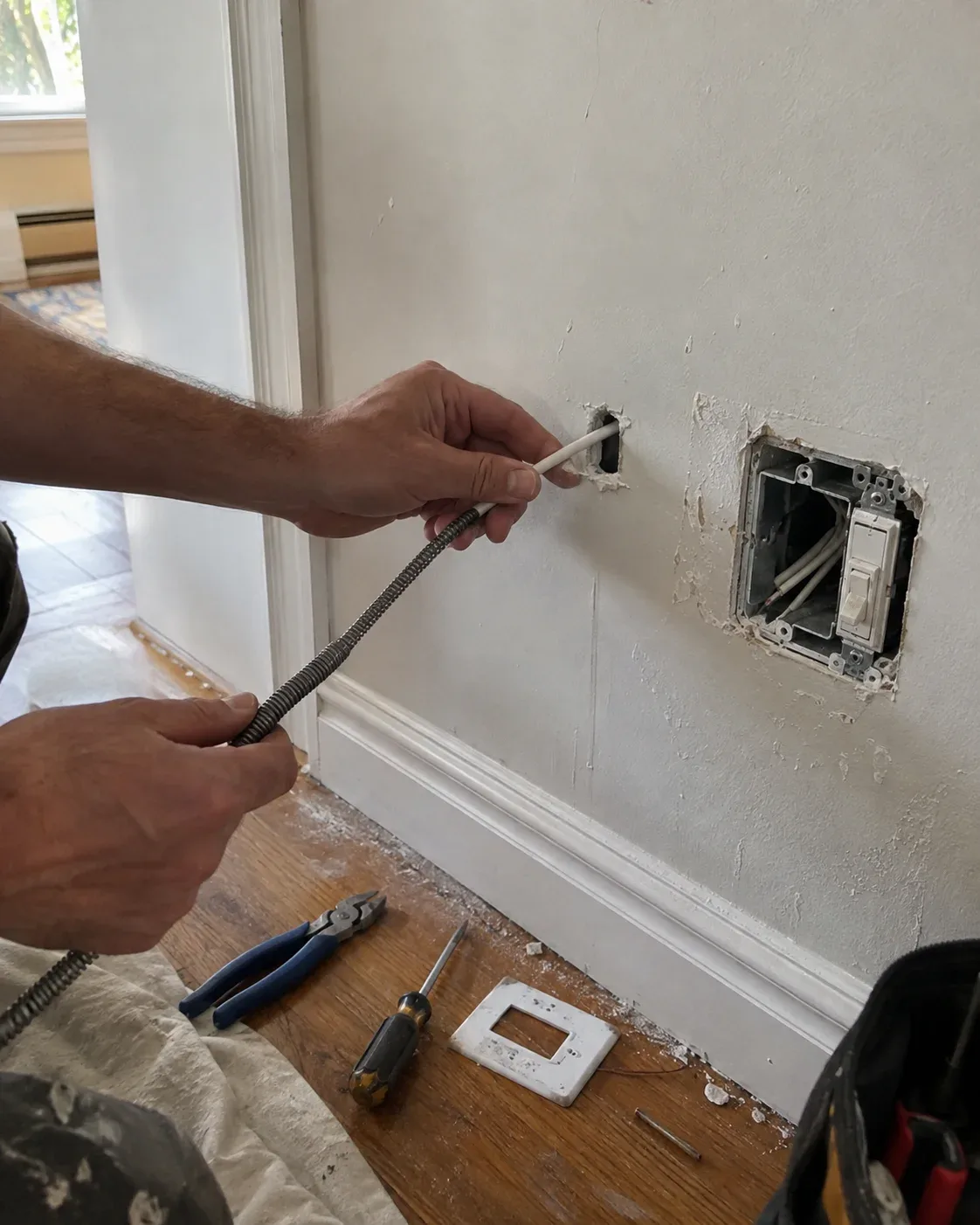Electrician using fish tape to route new electrical cable through a wall