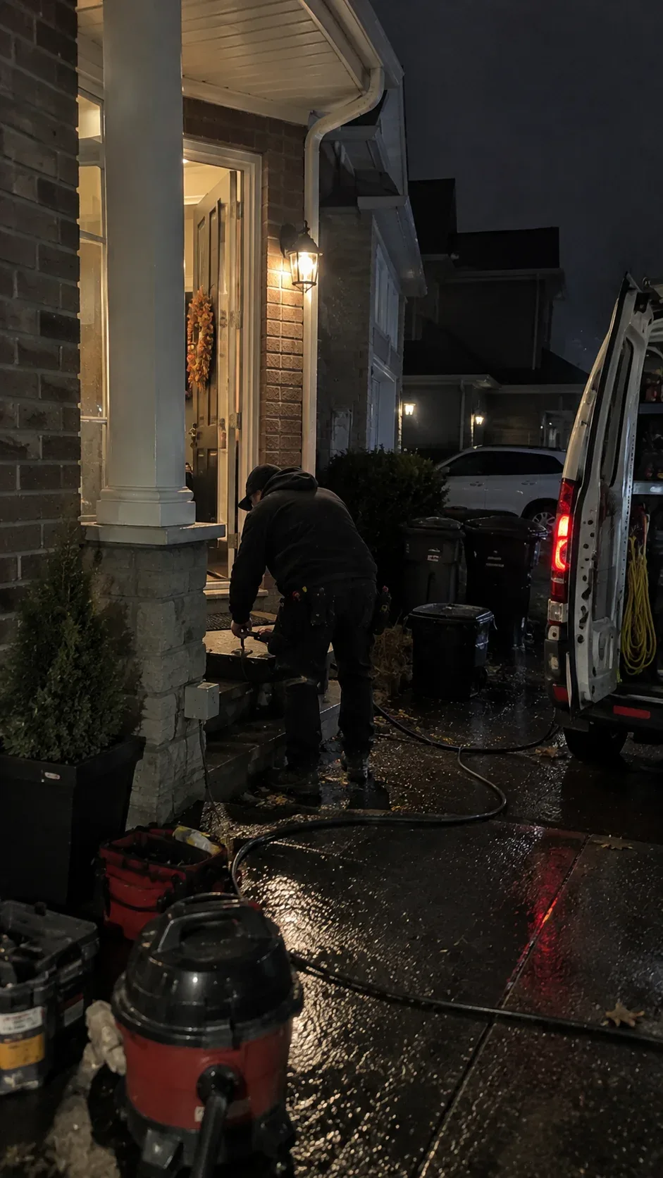 Licensed electrician inspecting a residential electrical panel in a basement