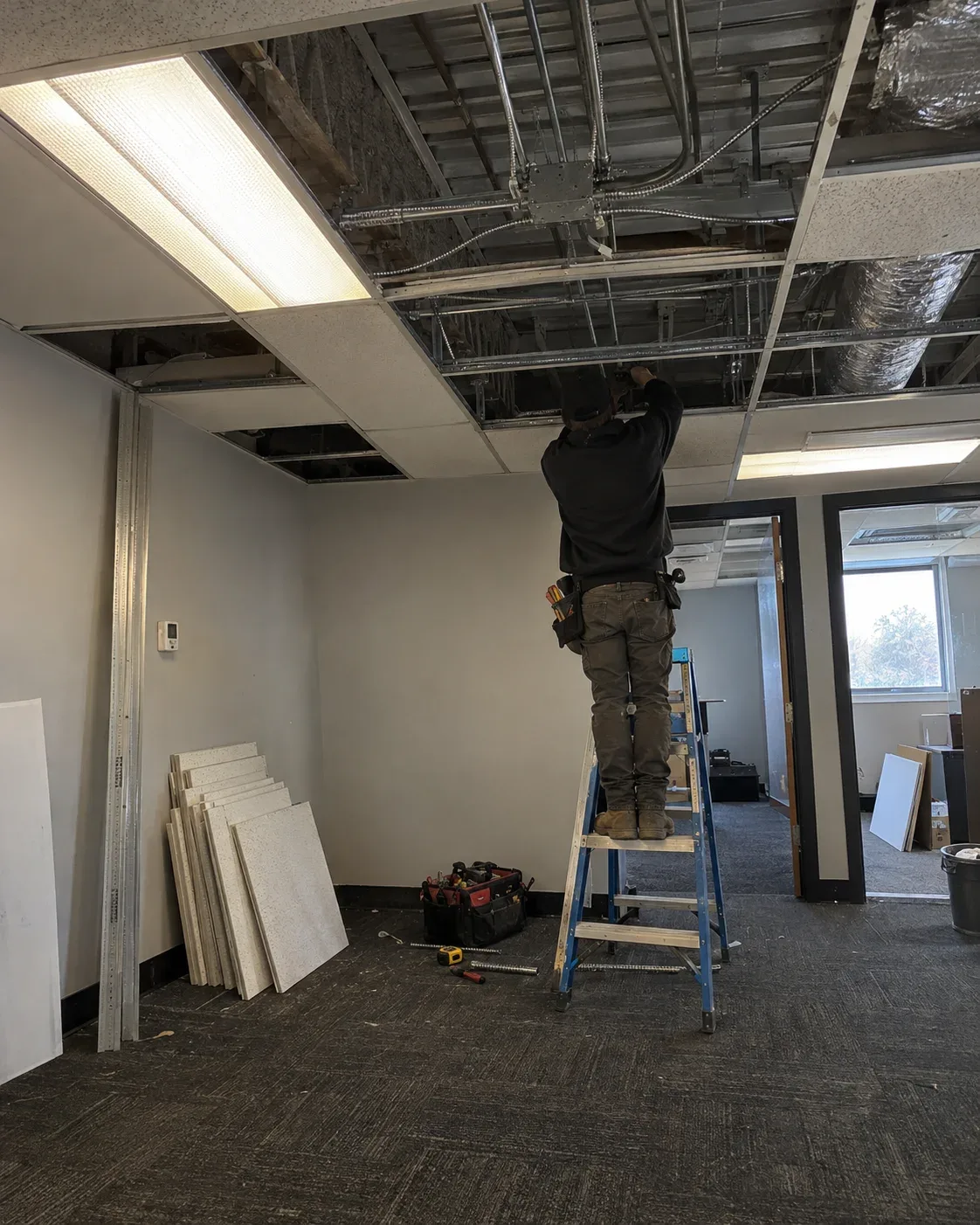 Commercial electrician installing electrical wiring in an office fit-out with exposed ceiling framing