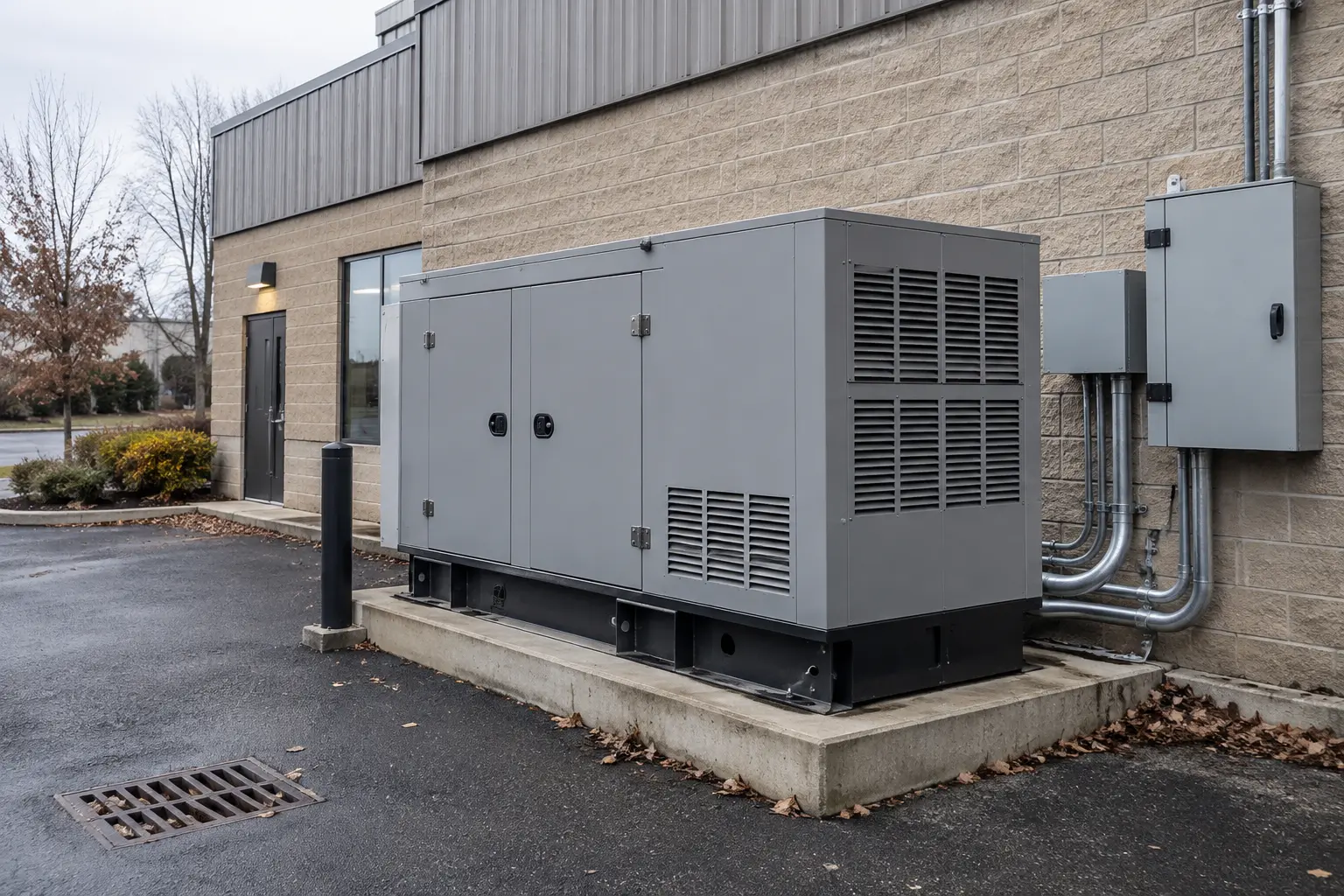 Commercial standby generator installed outside a business building