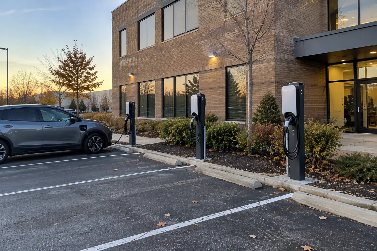 Commercial electric vehicle charging stations installed in a business parking lot
