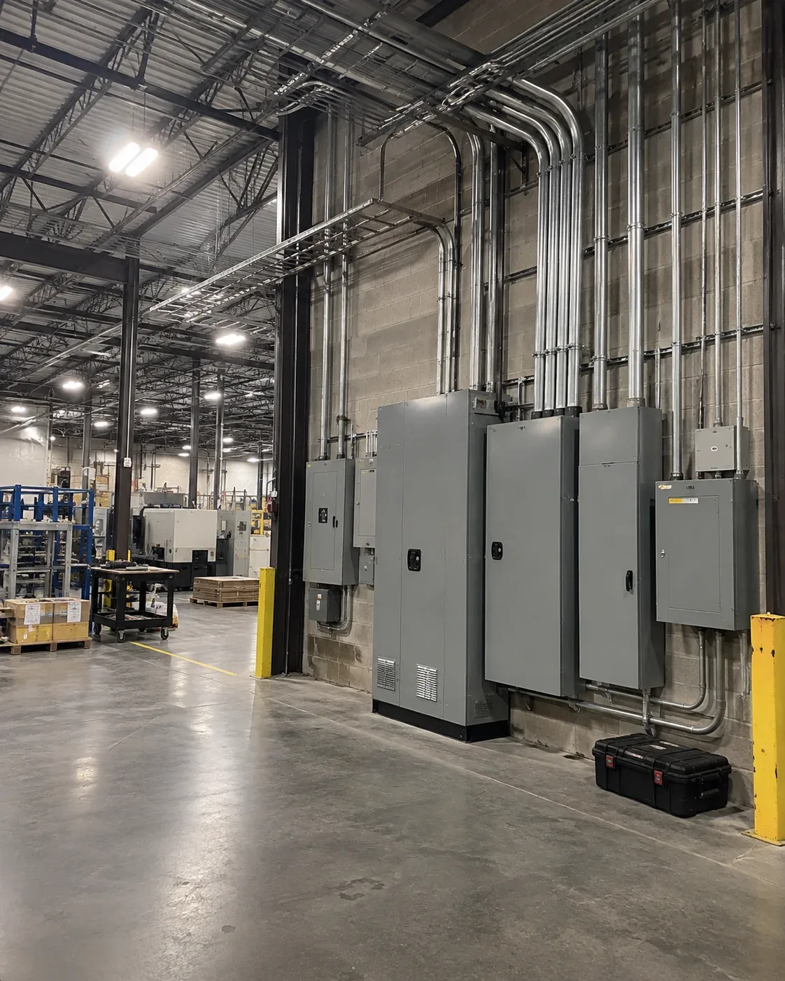 Electrical installations inside an industrial warehouse with distribution equipment and overhead lighting